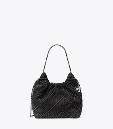 Tory Burch designer crossbody bags Mini Fleming Soft Denim Hobo Bag in Black front