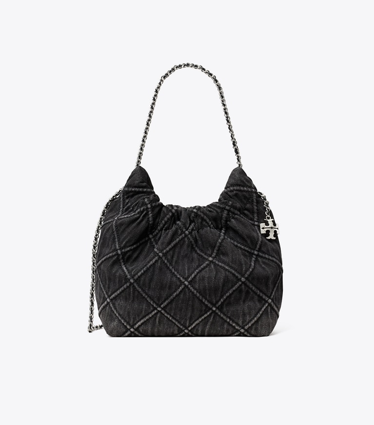 Tory Burch designer crossbody bags Mini Fleming Soft Denim Hobo Bag in Black front