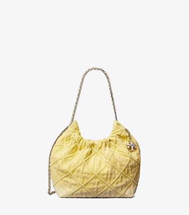 Tory Burch designer crossbody bags Mini Fleming Soft Denim Hobo Bag in Yellow front