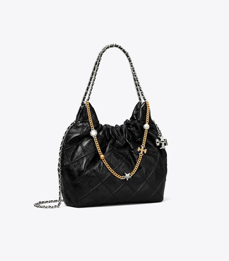 Tory Burch designer crossbody bags Mini Fleming Soft Distressed Hobo Bag in Black angle