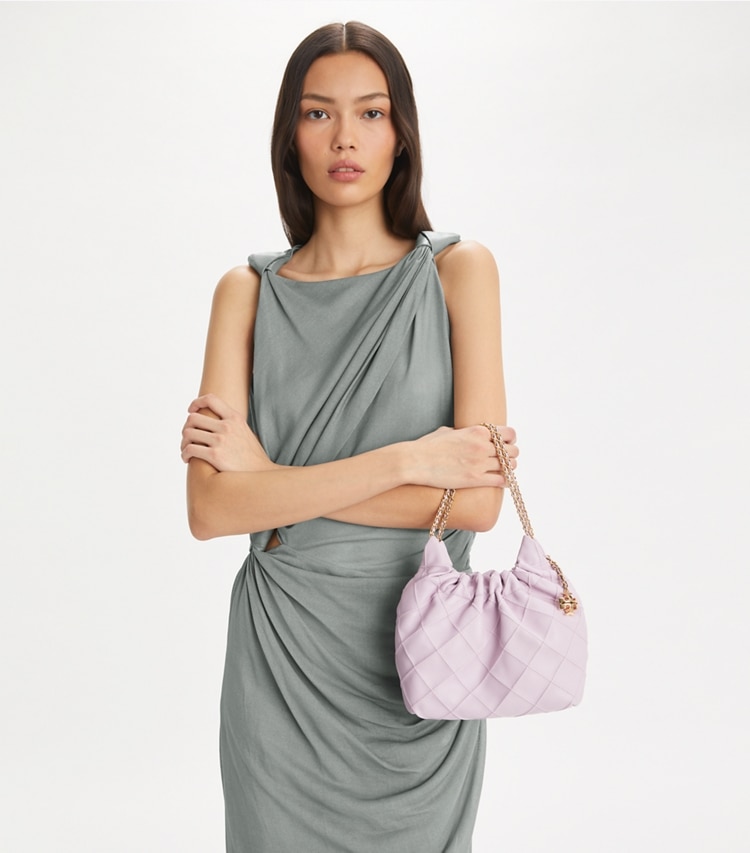 Tory Burch designer crossbody bags Mini Fleming Soft Hobo Bag in Pale Purple additional on model