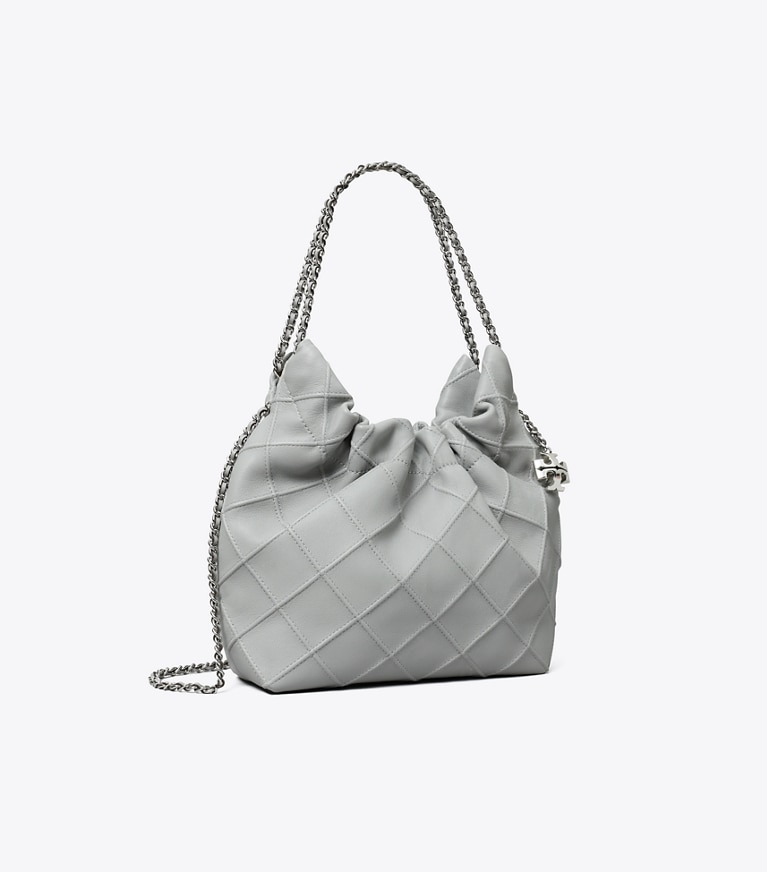 Tory Burch designer クロスボディバッグ フレミング ミニドローストリングバッグ in Gray angle