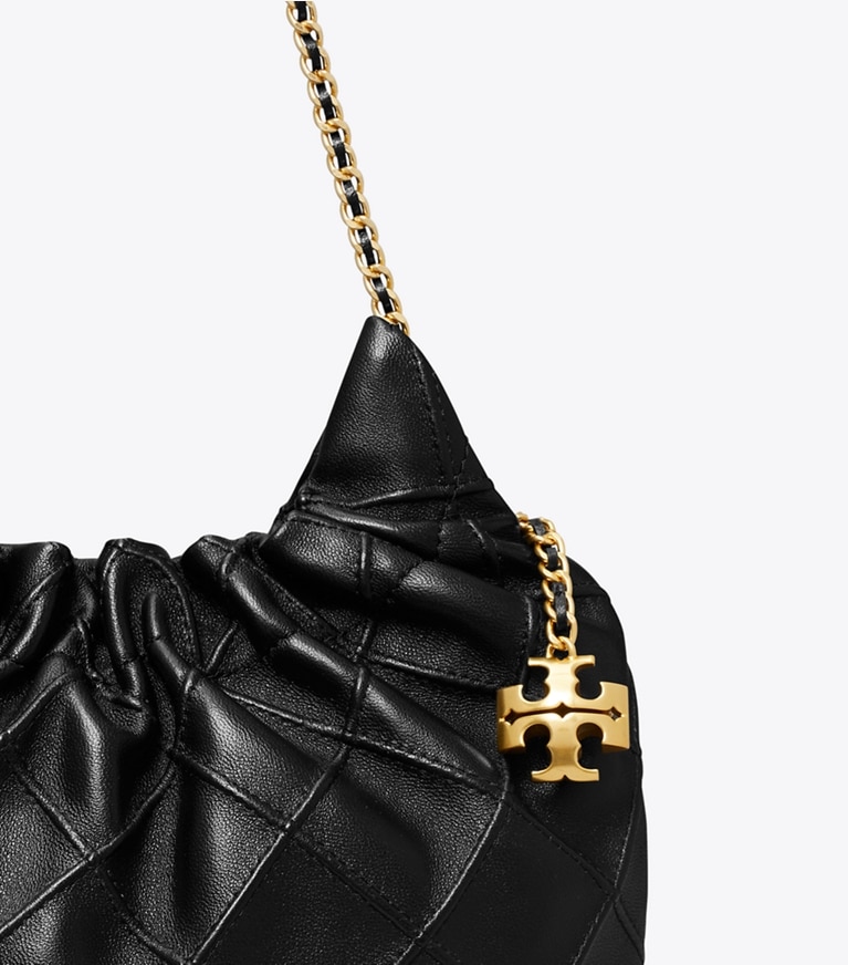 Tory Burch designer クロスボディバッグ フレミング ミニドローストリングバッグ in Black angle