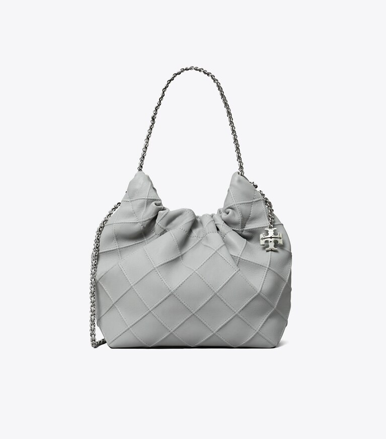 Tory Burch designer クロスボディバッグ フレミング ミニドローストリングバッグ in Gray angle