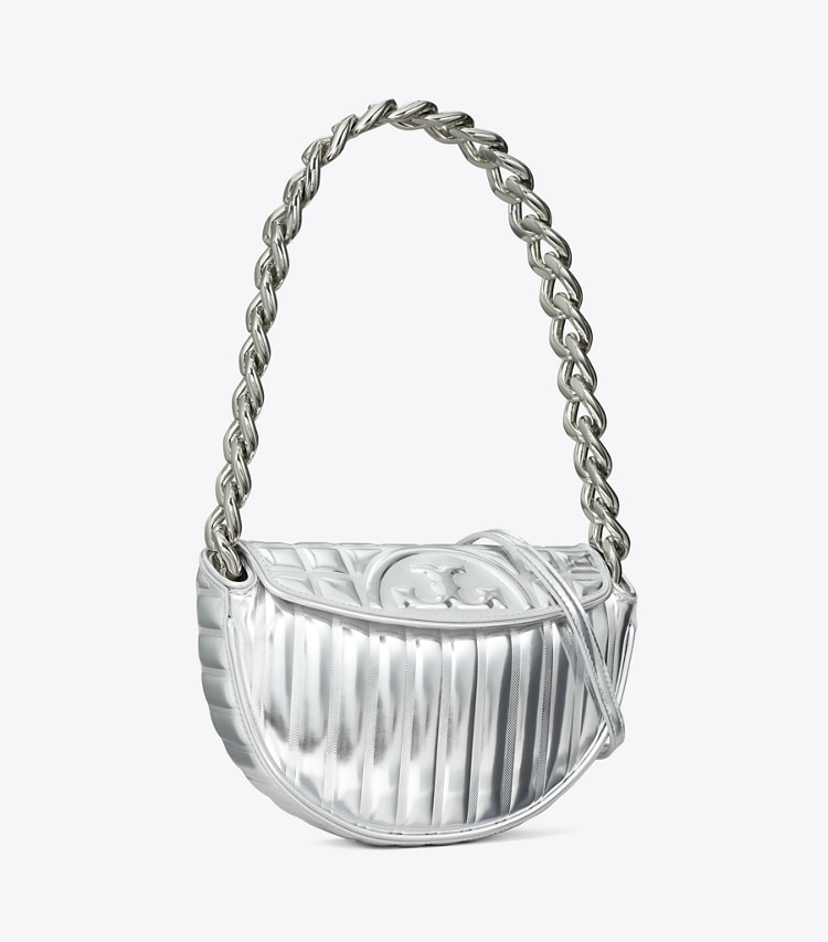 Tory Burch designer shoulder bags Mini Fleming Soft Metallic Quilt Crescent Bag in Silver angle