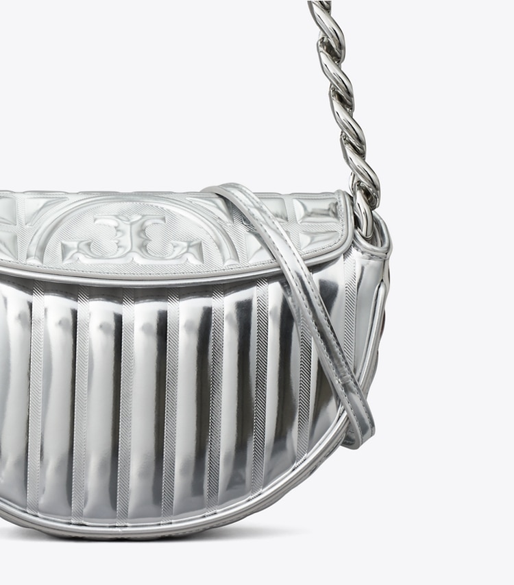 Tory Burch designer shoulder bags Mini Fleming Soft Metallic Quilt Crescent Bag in Silver detail