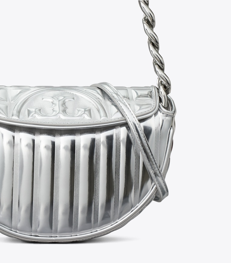 Tory Burch designer shoulder bags Mini Fleming Soft Metallic Quilt Crescent Bag in Silver angle