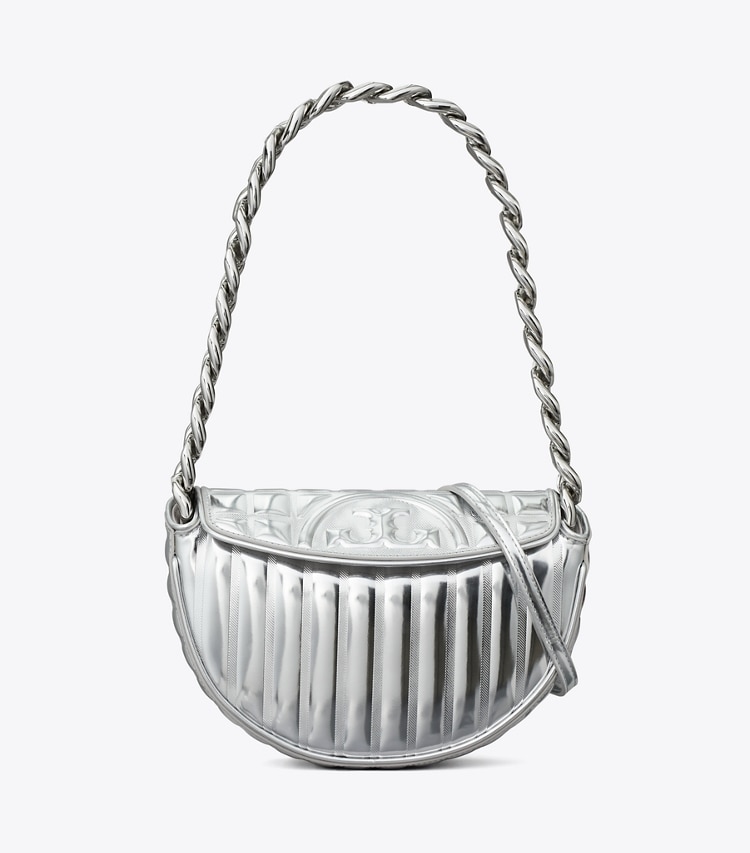 Tory Burch designer shoulder bags Mini Fleming Soft Metallic Quilt Crescent Bag in Silver front