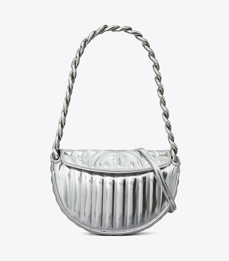 Tory Burch designer shoulder bags Mini Fleming Soft Metallic Quilt Crescent Bag in Silver angle