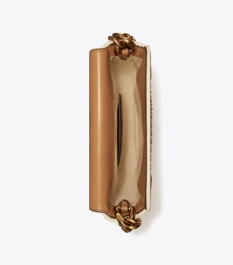 Tory Burch designer shoulder bags Mini Fleming Soft Pleated Crescent Bag in DUSTY ALMOND angle