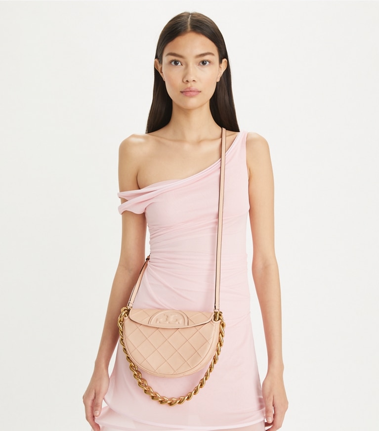 Tory Burch designer shoulder bags Mini Fleming Soft Polished-Grain Crescent Bag in Pink Dawn angle