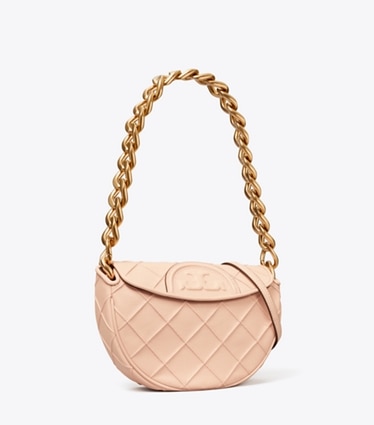Tory Burch designer shoulder bags Mini Fleming Soft Polished-Grain Crescent Bag in Pink Dawn angle