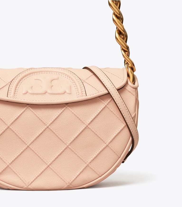 Tory Burch designer shoulder bags Mini Fleming Soft Polished-Grain Crescent Bag in Pink Dawn angle