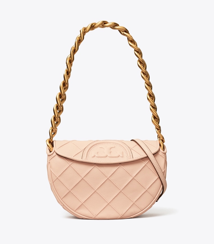 Tory Burch designer shoulder bags Mini Fleming Soft Polished-Grain Crescent Bag in Pink Dawn front
