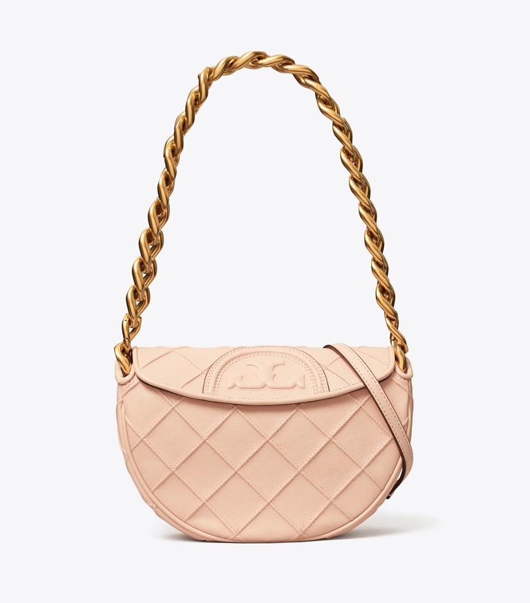 Tory Burch designer shoulder bags Mini Fleming Soft Polished-Grain Crescent Bag in Pink Dawn angle