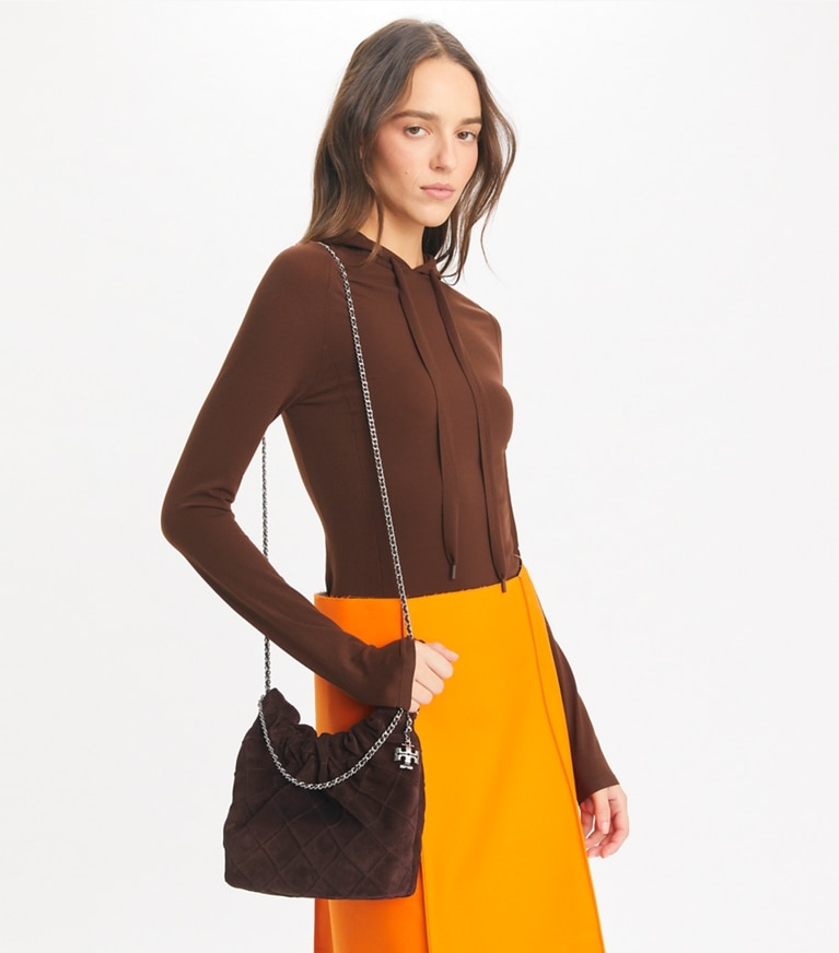 Tory Burch designer crossbody bags Mini Fleming Soft Suede Hobo Bag in Licorice angle