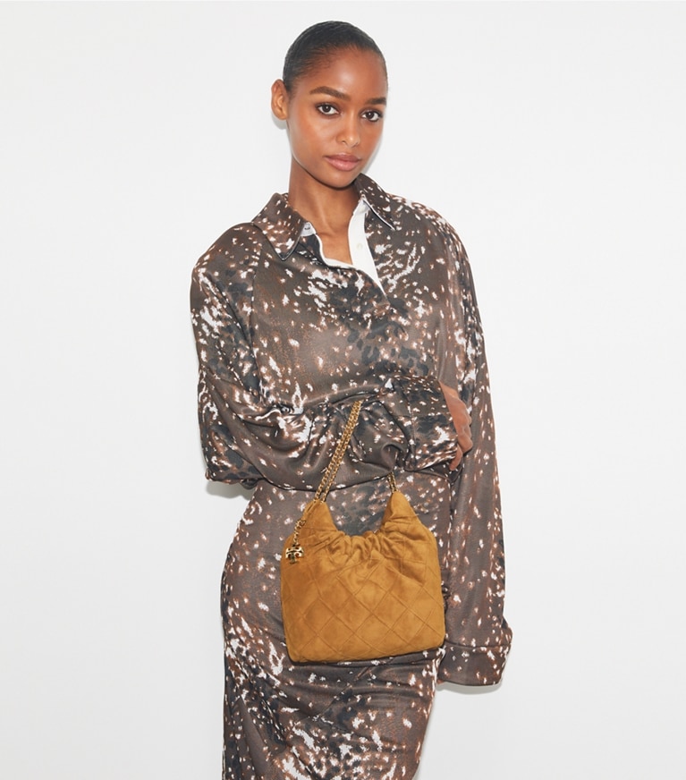 Tory Burch designer crossbody bags Mini Fleming Soft Suede Hobo Bag in CHICORY BROWN angle