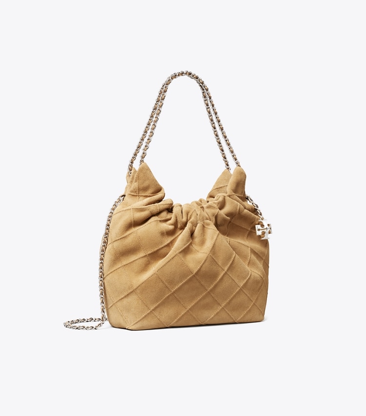 Tory Burch designer クロスボディバッグ フレミング ソフトスエード ミニホーボーバッグ in Stone angle