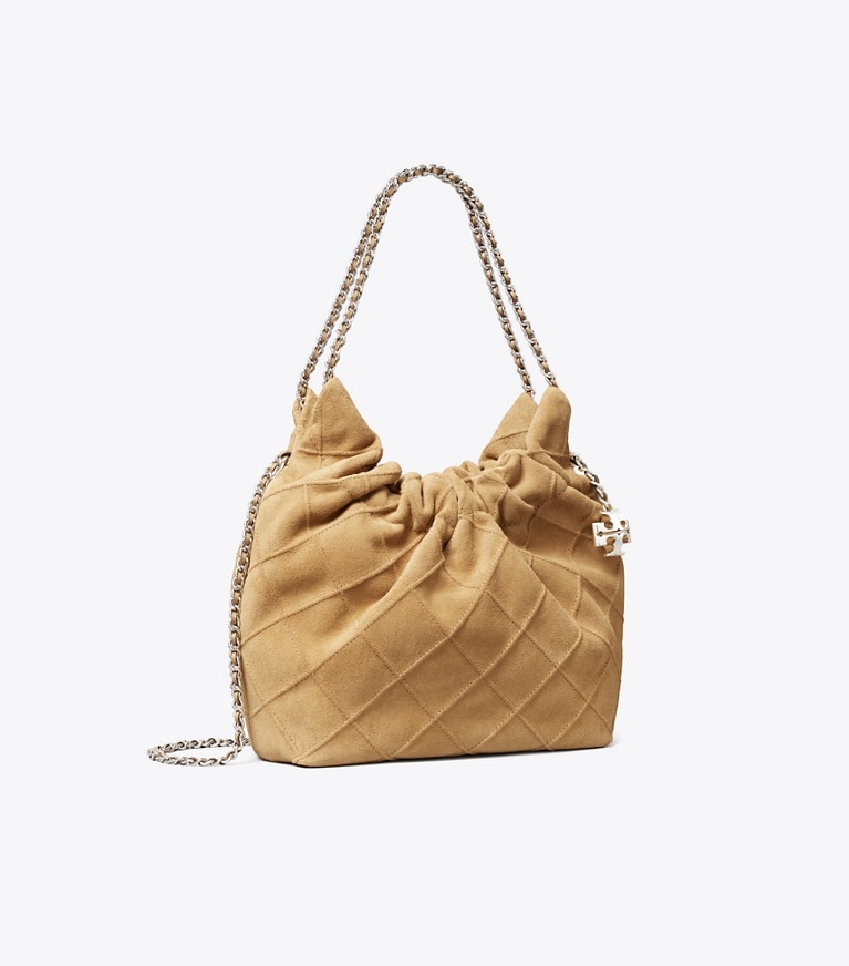 Tory Burch designer クロスボディバッグ フレミング ソフトスエード ミニホーボーバッグ in Stone angle