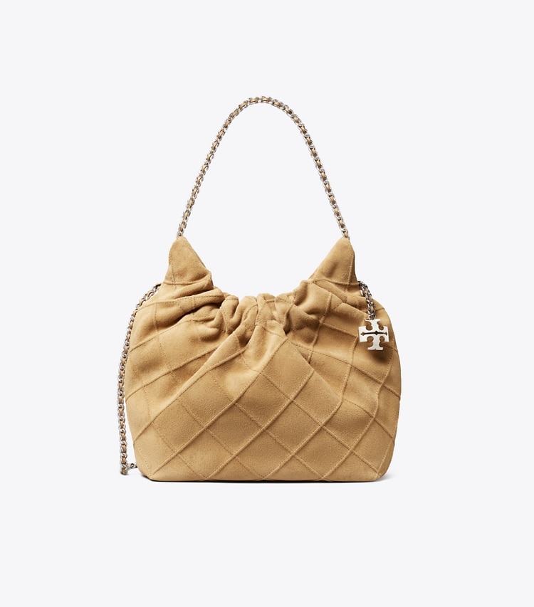 Tory Burch designer クロスボディバッグ フレミング ソフトスエード ミニホーボーバッグ in Stone front