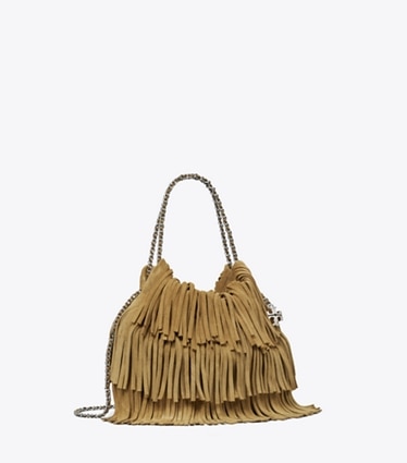 Tory Burch designer クロスボディバッグ フレミング フリンジ ミニ ホーボーバッグ in WILD TABACCO angle