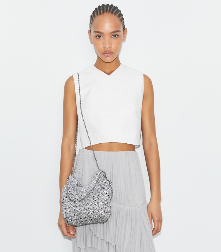 Tory Burch designer crossbody bags Mini Fleming Woven Hobo Bag in Silver angle
