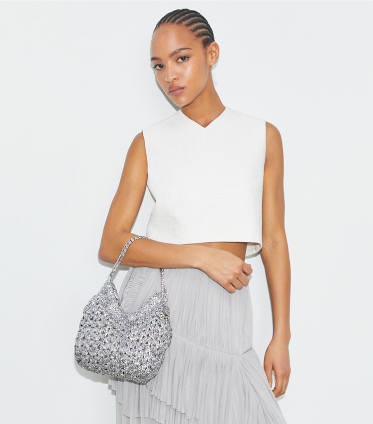 Tory Burch designer crossbody bags Mini Fleming Woven Hobo Bag in Silver additional on model