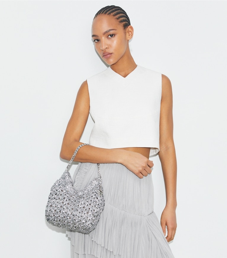 Tory Burch designer crossbody bags Mini Fleming Woven Hobo Bag in Silver angle