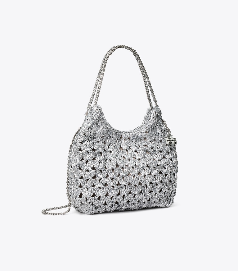 Tory Burch designer crossbody bags Mini Fleming Woven Hobo Bag in Silver angle