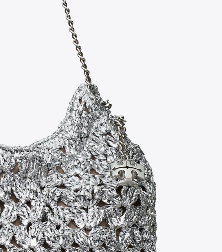 Tory Burch designer crossbody bags Mini Fleming Woven Hobo Bag in Silver angle