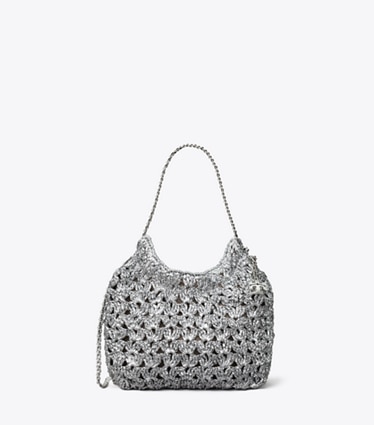 Tory Burch designer crossbody bags Mini Fleming Woven Hobo Bag in Silver front