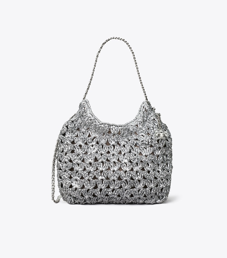 Tory Burch designer crossbody bags Mini Fleming Woven Hobo Bag in Silver front