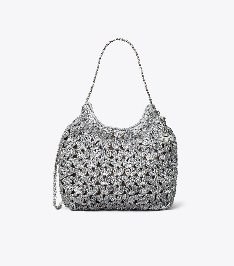 Tory Burch designer crossbody bags Mini Fleming Woven Hobo Bag in Silver angle