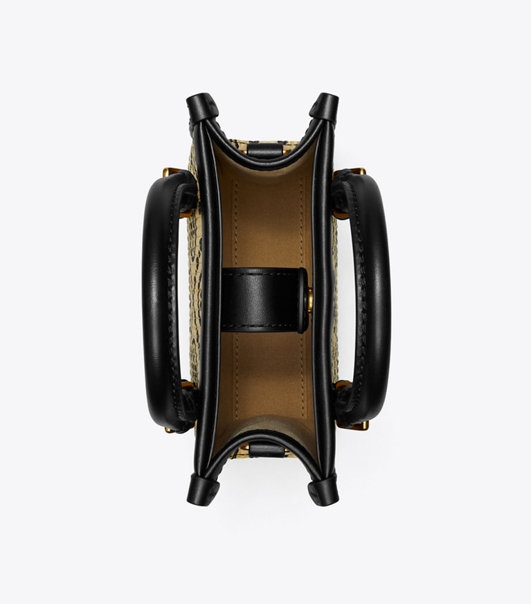 Tory Burch designer sacs à bandoulière Mini fourre-tout T Monogram en raphia dans Black vue du dessus