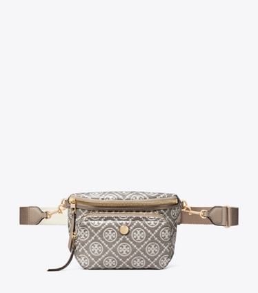 Tory Burch designer gürteltaschen Mini-Gürteltasche aus beschichtetem Jacquard mit T-Monogramm in Charcoal front
