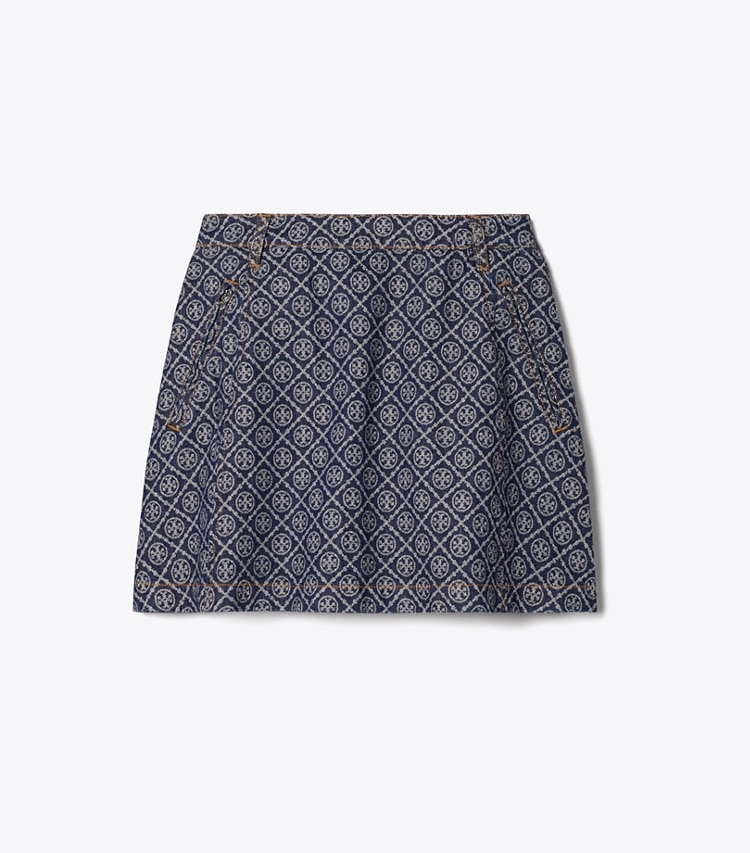 Tory Burch designer bas Mini-jupe en denim dans T-Monogram Stone Wash de face