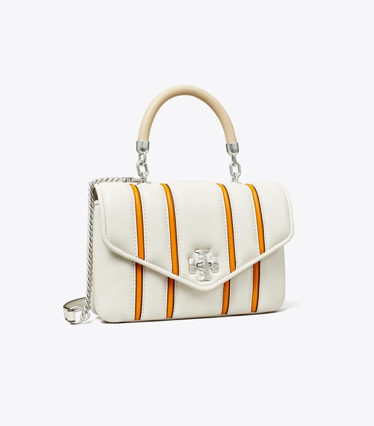 Tory Burch designer crossbody bags Mini Kira Bombé Stripe Top-Handle Bag in Blanc / Orange Citrine angle