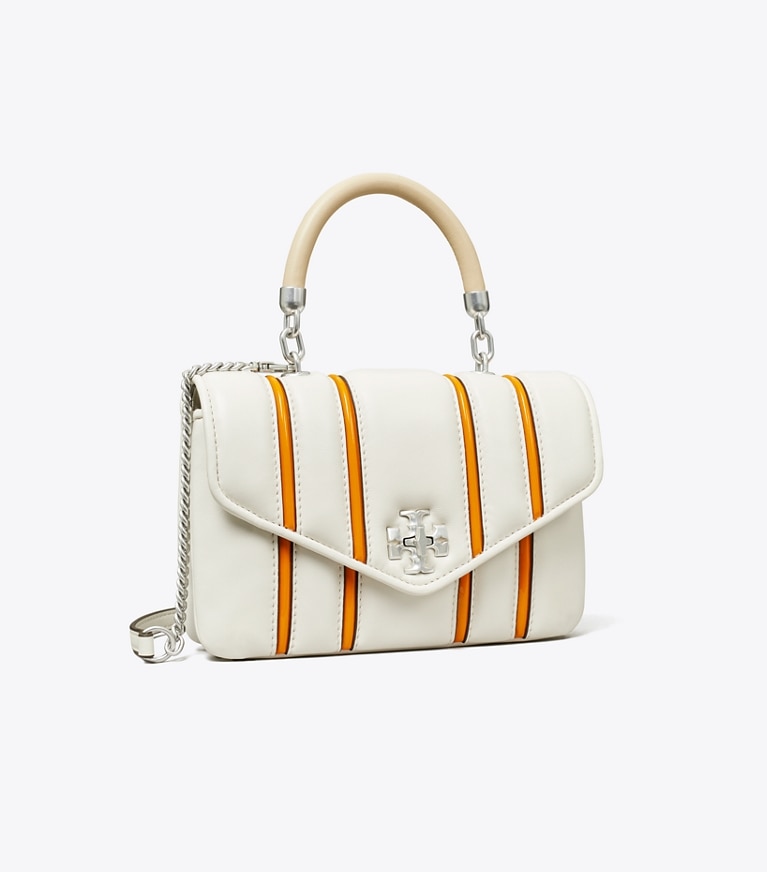 Tory Burch designer crossbody bags Mini Kira Bombé Stripe Top-Handle Bag in Blanc / Orange Citrine angle