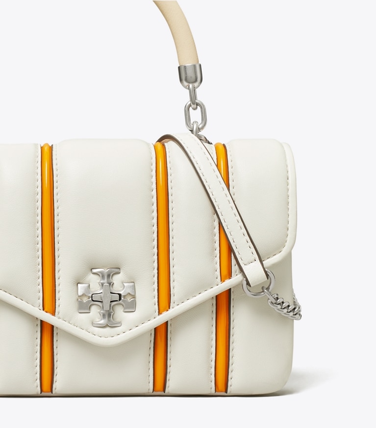 Tory Burch designer crossbody bags Mini Kira Bombé Stripe Top-Handle Bag in Blanc / Orange Citrine angle