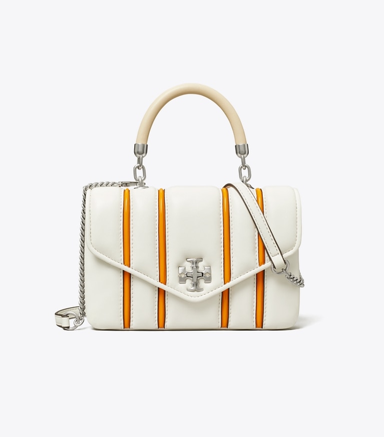 Tory Burch designer crossbody bags Mini Kira Bombé Stripe Top-Handle Bag in Blanc / Orange Citrine angle