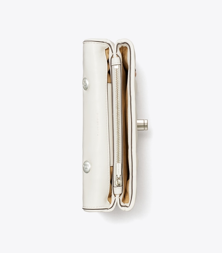 Tory Burch designer crossbody bags Mini Kira Bombé Stripe Top-Handle Bag in Blanc / Orange Citrine overhead
