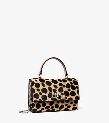Tory Burch designer mini bags Mini Kira Calf Hair Top-Handle Crossbody in TRENCH / Black angle