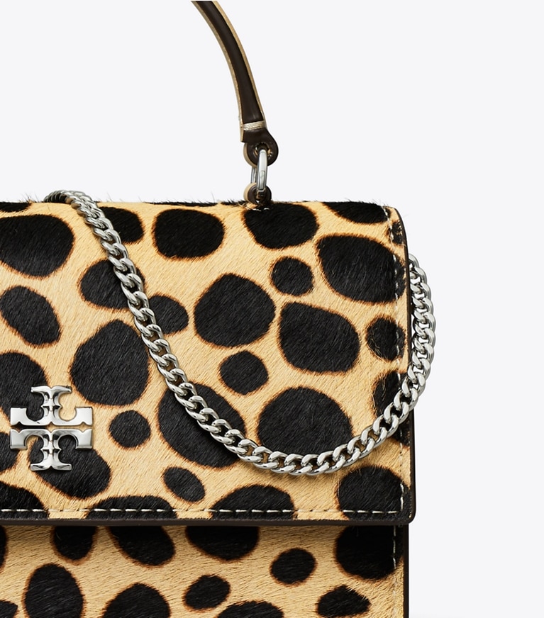 Tory Burch designer mini bags Mini Kira Calf Hair Top-Handle Crossbody in TRENCH / Black angle
