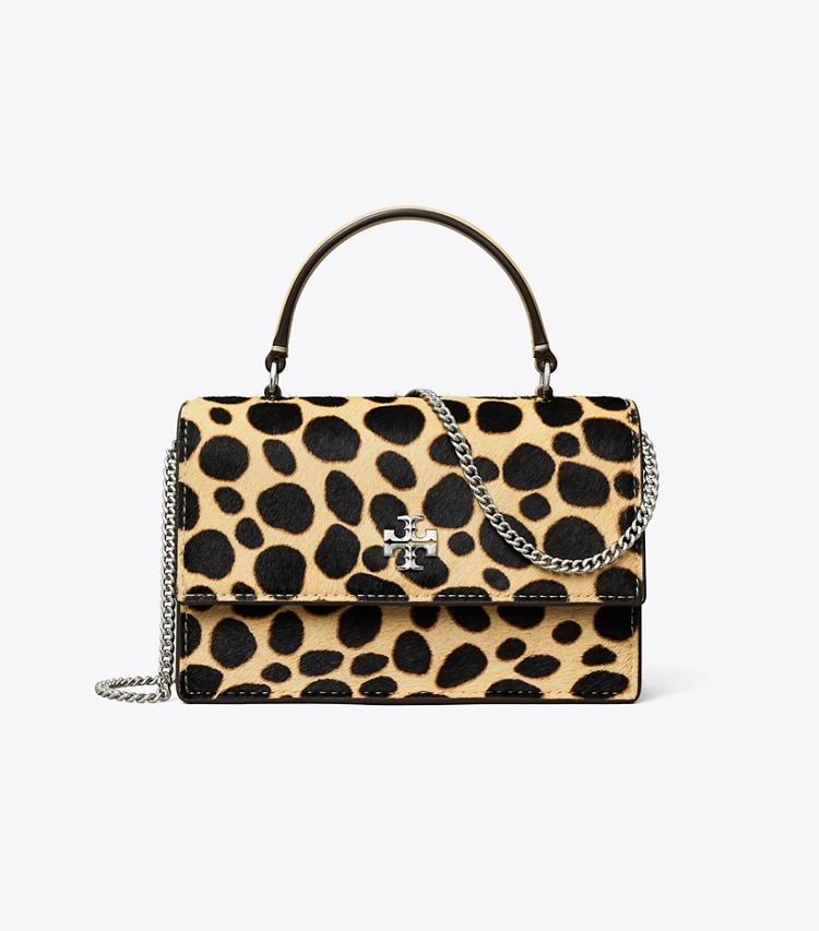 Tory Burch designer mini bags Mini Kira Calf Hair Top-Handle Crossbody in TRENCH / Black front