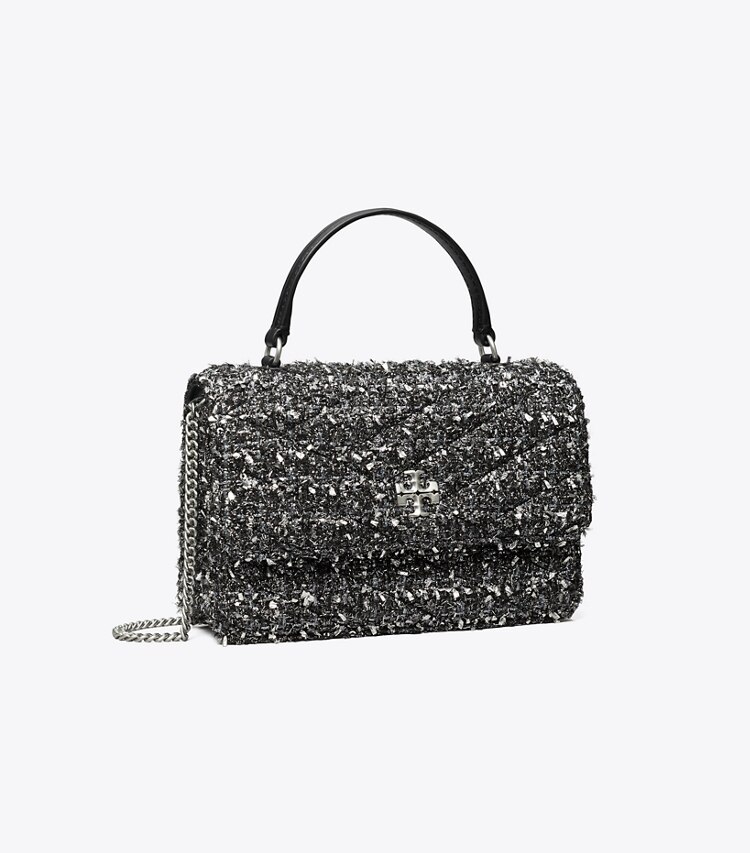 Tory Burch designer mini bags Mini Kira Chevron Tweed Top-Handle Chain Wallet in Black / Silver angle