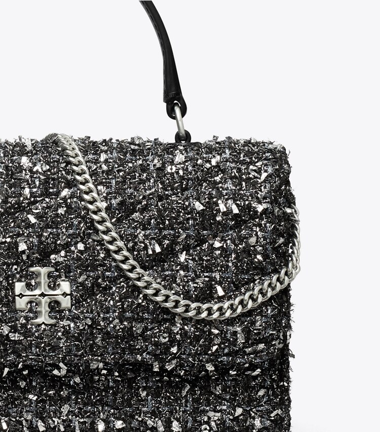 Tory Burch designer mini bags Mini Kira Chevron Tweed Top-Handle Chain Wallet in Black / Silver detail