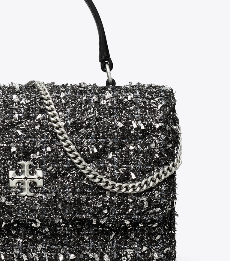 Tory Burch designer mini bags Mini Kira Chevron Tweed Top-Handle Chain Wallet in Black / Silver angle