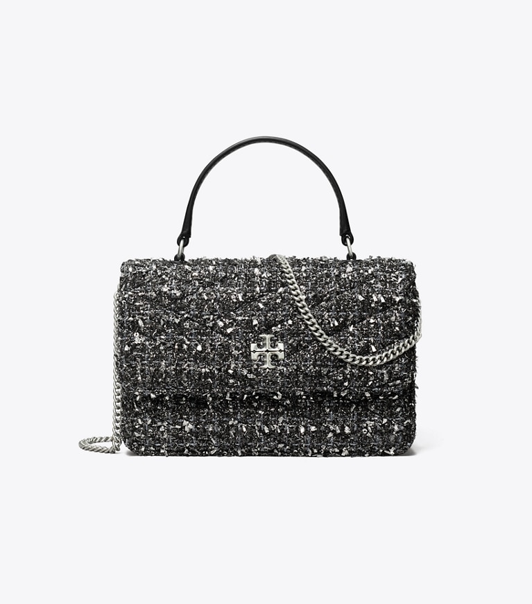 Tory Burch designer mini bags Mini Kira Chevron Tweed Top-Handle Chain Wallet in Black / Silver angle