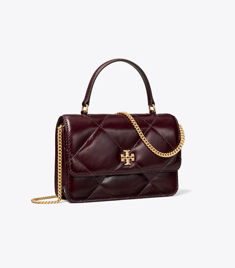 Tory Burch designer crossbody bags Mini Kira Crossbody Bag in Vintage-Optik mit Rautensteppung und Tragegriff oben in Dark Carmine / GOLD angle