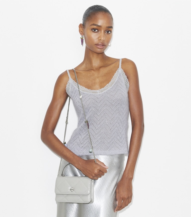 Tory Burch designer mini bags Mini Kira Diamond Quilt Charm Top-Handle Crossbody in Gray angle
